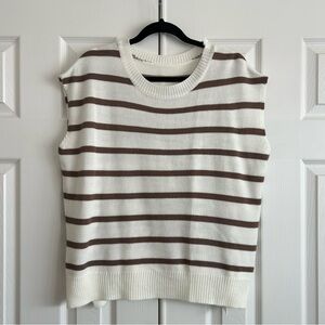 White and Brown Striped Sleeveless Sweater